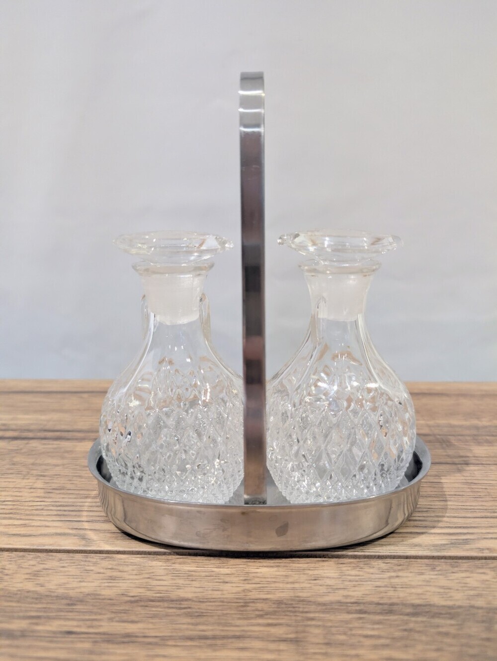 Vintage Kamei Crystal Oil/Vinegar/Dressing Cruet Bottles In SS Carrier By Oneida